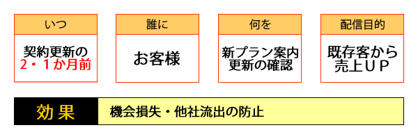 ○いつ・・・契約更新の２・１か月前／○誰に・・・お客様／○何を・・・新プラン案内・更新の確認／○配信目的・・・既存客から売上UP／○効果・・・機会損失・他社流出の防止