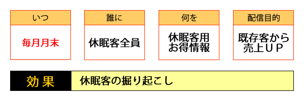 ○いつ・・・毎月月末／○誰に・・・休眠客全員／○何を・・・休眠客用お得情報／○配信目的・・・既存客から売上UP／○効果・・・休眠客の掘り起こし